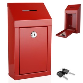 Metal Donation Box-Suggestion Box with Slot and lock-Cash Lock box for Money-Secure Drop Box-Comment and ballot voting box-comes with pre-drilled holes for easy wall mounting 10 X 6 X 2.5"(Red)