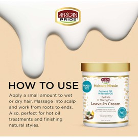 African Pride Moisture Miracle Crema para El Cabello Sin Enjuague Con Aceite de Coco y Aceite de Baobab - Proporciona Hidratación Intensa y Ayuda A Reparar Rizos y Rizos Naturales, Hidrata y Fortalece