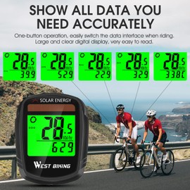 Bicycle Computer with Solar Energy, Bicycle Speedometer and Odometer Wireless Waterproof Bicycle Computer LCD Backlight Auto Wake Up Multifunction