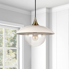 Alvia 14.5" Wide Pendant with Metal/Glass Shade in Pearled White/Brass/Pearled White