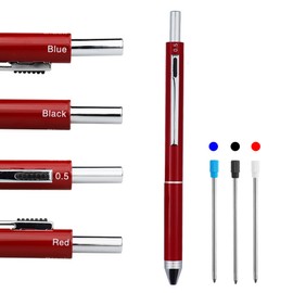 HeTaoCat 4 in 1 Multicolor pen, Metal Cased Multifunction Pen, 0.5mm Mechanical Pencil, Red Ball Pen, Blue Ball Pen and Black Ball Pen (Red)