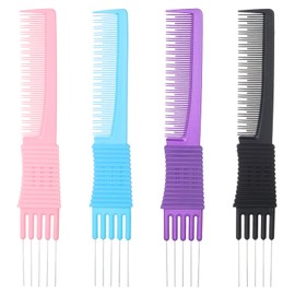 4 Packs Hair Teasing Comb with Metal Pick, Lift Teasing Combs for Women Men, Hair Pick Comb Styling Combs with Non Slip Handle, Black Purple Blue Pink