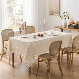 ZeeMart Boho Grid Table Cloth with Tassels (Light Tan, 52" x 52"), Heavy Weight Linen Checked Embroidered Farmhouse Tablecloth, Water Resistant Square Beige Tablecloths