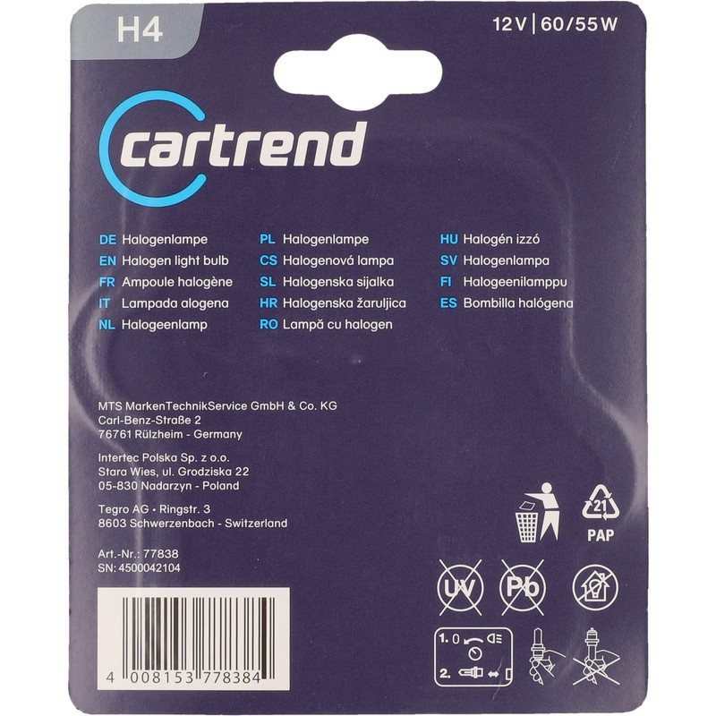 Unitec 77838 Headlight Bulbs Double H4 (Pack of 2)