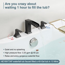 HEYMYTAP Waterfall Roman Tub Faucet, Solid Brass Oil Rubbed Bronze Bathtub Faucet, High Flow Deck Mount Tub Faucet Set, 3 Hole Widespread Bathtub Faucets with 2 Handles No Leaks 15 Mins to Install