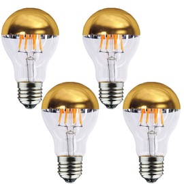 Lxcom Lighting A19 Half Chrome Gold LED Light Bulb 8W Dimmable Gold Bowl Tipped Mirror Bulbs 80W Equivalent Warm White 2700K E26 E27 Base Decorative Filament Vintage LED Edison Bulb, AC110V(4 Pack)