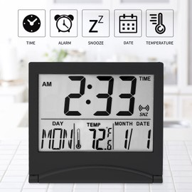 KANBIT Small Digital Travel Alarm Clock Battery Operated, Portable Large Number Display Alarm Clock with Date & Temperature,12/24 H Small Desk Clock-Black(No Light)