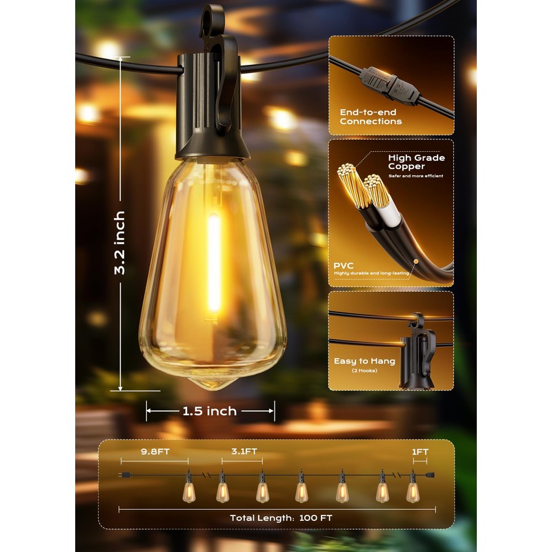 Brightown Outdoor String Lights Patio Lights, 100FT ST38 Shatterproof Dimmable