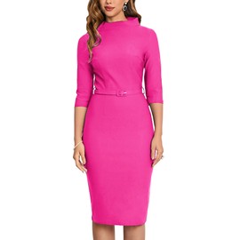 MUXXN Women's Retro 50s Pencil Midi 3/4 Sleeve Mock Neck Business Office Wear to Work Cocktail Dress with Belt Hot Pink XXL