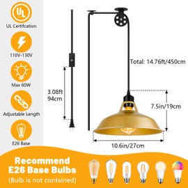 Lomoky Plug in Gold Pendant Light, Mid Century Hanging Lights with Plug in Cord 14.76ft, Adjustable Pulley, Rustic Hanging Ceiling Lamp with On/Off Switch for Kitchen, Living Room, Pool Table (2 Pack)