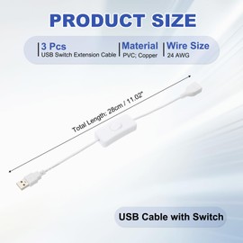 QUARKZMAN USB-Verlängerungskabel mit Ein/Aus-Kippschalter 0,28 m USB-Stecker auf Buchse Verlängerungskabel für Schreibtischlampe Ventilator LED-Lichtstreifen Weiß Packung mit 3