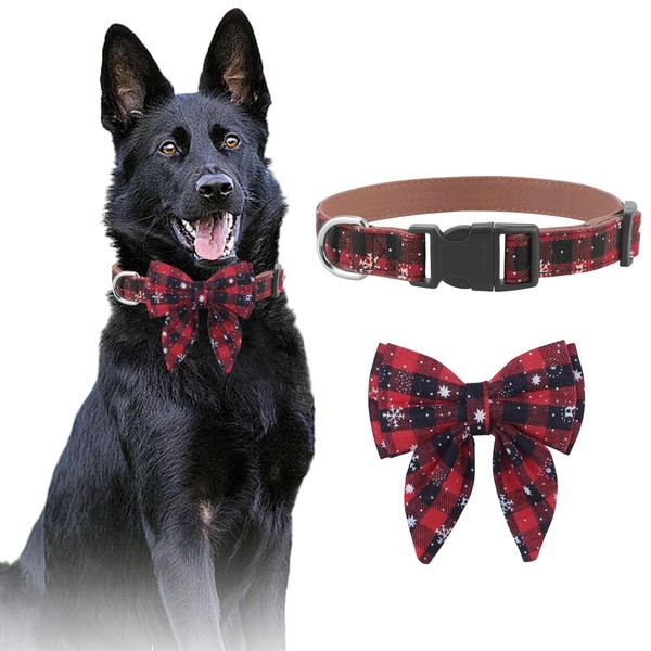 Christmas Dog Collar with Bow, Plaid Holiday Dog Collars with