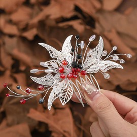Edary Bridal Wedding Hair Comb Silver Butterfly Headpiece Blak Pearl Wedding Side Comb Leaf Bridal Hair Accessories for Women and Girls