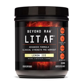 Beyond Raw LIT AF  Polvo de fuerza clínica avanzada para el entrenamiento  Contiene cafeína, L-citrulina y nitrosigina  Hielo de limón  20 porciones  