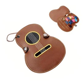 Leather Guitar Shaped Pick Holder, Portable Guitar Plectrums Case with 17 Slots Guitar Pics Box Keychain Guitar Accessories Gifts for Men Women Musical Player