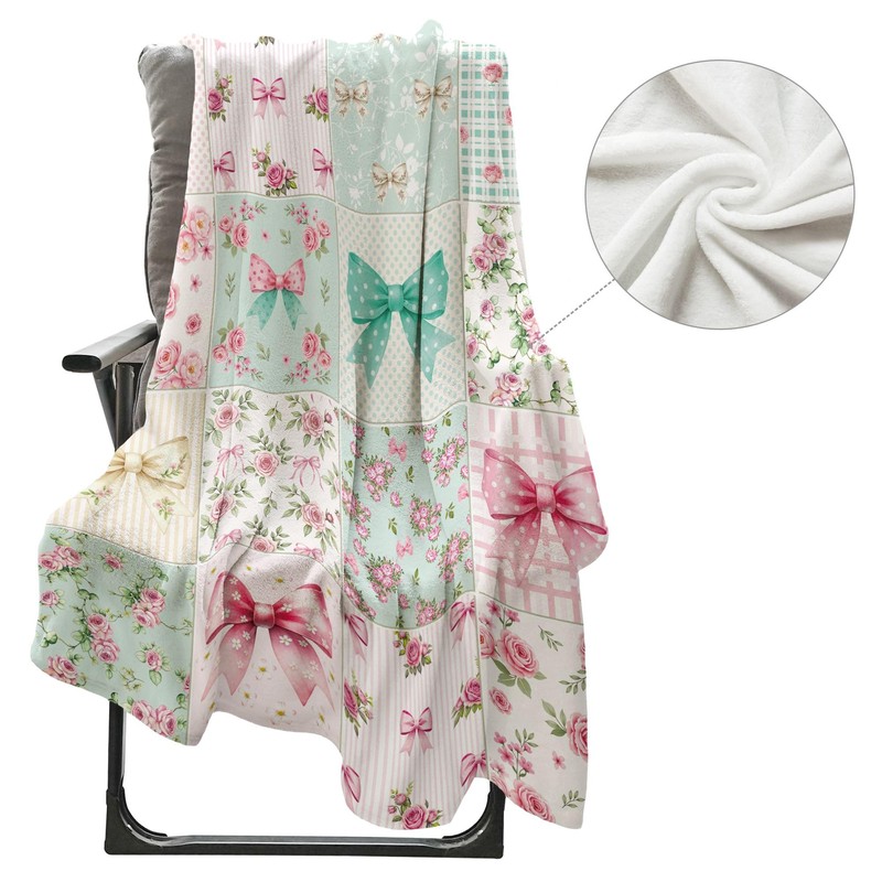Newsely Boho Bow Floral Throw Blanket,51x59 Inch Reversible, Cute Retro