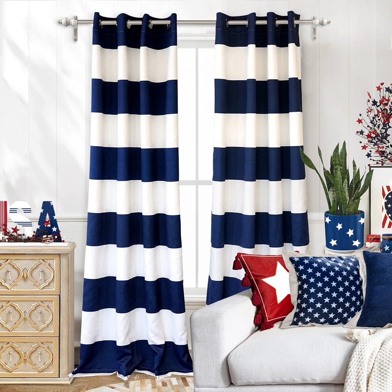 DriftAway Navy Stripe Room Darkening Window Curtains 84 Inch Long