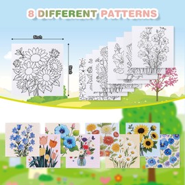 BNG 8 Packs Flower Pre Drawn Canvas to Paint, Pre Printed Canva for Painting, Pre Stretched Canvas Outline Painting Boards for Beginners, Students, Party Favors, Daily Decorations(8 * 8in)