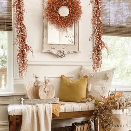 Quixem 60 Inch Fall Berry Garland (5 Ft), Rustic Fall Orange Pip Berry Garland for Mantel, Thanksgiving & Harvest Holiday Home Decor Indoor Outdoor