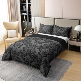Feelyou Adults Black Vintage Damask Floral Cotton Duvet Cover Set Oriental Antique Comforter Queen Size Gothic Bohemia Boho Flower Bedding Set Gothic Skull Duvet Set Quilt Set 3Pcs