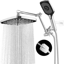 Shower Head with Handheld, 12 Inch Dual Shower Head with Extention Arm, High Pressure Rain Shower Heads, Rainfall Waterfall Showerhead with 3-Way Diverter - Height/Angle Adjustable(Chrome)