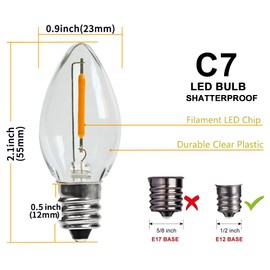 KGC 25Pack C7 LED Christmas Light Bulb, E12 Base Waterproof LED Bulbs for String Light, 0.6W 2200K Warm White 50LM, Clear Plastic Night Lights C7 LED Replacement Bulbs for Christmas String Lights.