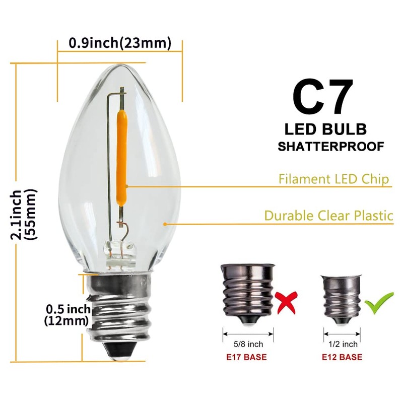 KGC 25Pack C7 LED Christmas Light Bulb, E12 Base Waterproof