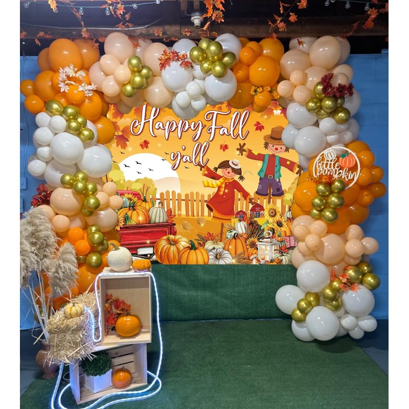 Happy Fall Y'all Banner Backdrop Autumn Harvest Pumpkin Maple Leaf