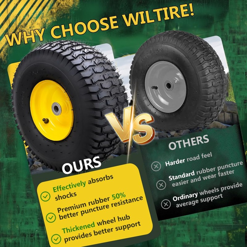 Wiltire 15x6.00-6 Tubeless Tire and Wheel Assembly(2 Pack) ，Replacement Riding