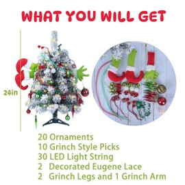 Small Christmas Tree - Mini Christmas Tree with Grinch Ornaments, Flocked Tabletop Christmas Tree, Grinch Christmas Decorations, Grinch Tree, 2 Ft Christmas Tree