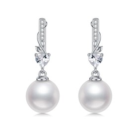 VONALA Pearl Earrings for Women Sterling Silver White Pearl Earrings Zircon Crystal Bridal Jewellery Birthday Christmas Gifts for Women Bridesmaid Mother, Sterling Silver, Cubic Zirconia
