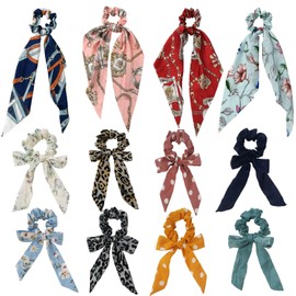 GETACOTA 12 Pcs Hair Scrunchies Bowknot Satin Chiffon Long Tail Elastics Ribbon Ear Bow Pattern Colors Scrunchy Scarf Scrunchie Vintage Ponytail Holder Ties Bands Accessories for Women(longtail12p_04)