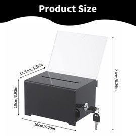 Money Box Lockable Acrylic Donation Box with Key, Acrylic Donation Box, Donation Box for Commenting, Donations & Business Cards Collecting, Black, 16 x 11.6 x 10.1 cm