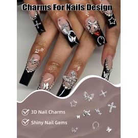 EBANKU Nail Charms, 100 PCS Y2K Silver Charms for Nails with 15g Nail Rhinestones Glue, Butterfly Bow Star Cross Nail Charms 3D Nail Charms and Gems for Acrylic Nail DIY Design(10 Styles)