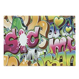 Ambesonne Urban Graffiti Cutting Board, Throwie Style Wall Graffiti of Bubble Letters Partially Overlapping Words, Decorative Tempered Glass Cutting and Serving Board, Large Size, Multicolor