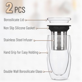 BTaT- Double Wall Glass Tea Cup With Stainless Steel Infuser, 2 Pack, 16oz, Tea Cup with Lid