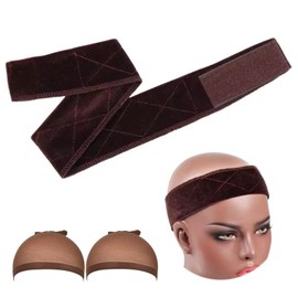 Funyn Wig Grip headband Elastic Scarf Headband, Adjustable Wig Grip band with Mesh Caps, for Keeping Wigs in Place (dark brown, 21.6inch)