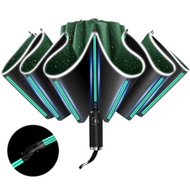 Automatic Open and Close Folding Reverse Umbrella 10 Ribs (3+2 Reinforced Ribs) Umbrella Knirps Large with Reflective Strips, Sun Protection, Portable for Travel, dark green