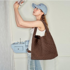 JINMANXUE Woven Purse for Women, Neoprene Top-handle Shoulder Bag, Hobo Tote, Travel Handbag, Wrist Bag For Work Shopping (Coffee)