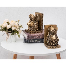 BOIHEGU Lion Statue Bookends, 7 inch Resin Exquisite Lion Statue(Set of 2) Heavy Duty Non-Skid Decorative Bookends, Antique Gold Accent Lion Gifts for Men Father Leo Home Office Desk Shelf Decor
