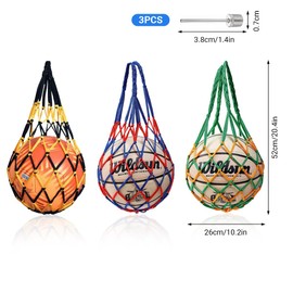 Pack of 3 Ball Net Bag with Ball Pump Needles, Portable Ball Net 1 Ball, Sports Ball Net, High Thickness Handles, Professional Nylon Mesh Bag for Basketball, Volleyball, Football, Handball