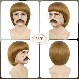 Yargel Hair Light Brown Bowl Cut Wig + Glasses + Mustache + Wig Cap for Men 60s 70s Retro Mushroom Wig With Bangs Unisex Funny Crazy Wigs for Daily Halloween Costume Cosplay Party