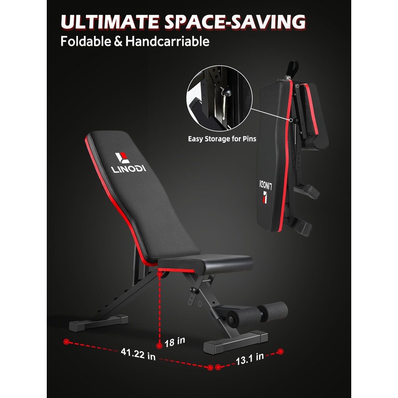 LINODI Adjustable Weight Bench for Home Gym，Foldable Incline Decline Flat