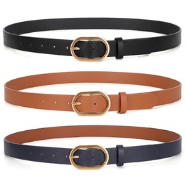 XZQTIVE - Paquete de 3 cinturones de piel para mujer, talla grande, para jeans, vestido de moda, hebilla dorada, cinturón de cintura para mujer, E-black+brown+navy, XXX-Large: fits waist from 53"-57"