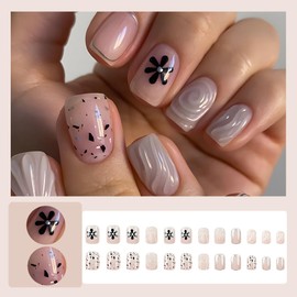 24 Pcs Pink Press on Nails Extra Short Square,LINMEIZAI Fake Nails Press ons Nail Tip Glue on Nails Full Cover Acrylic Nail Kit False Nail with 3D Shell Thread Sequins Flower Nail Art Design for Women