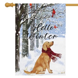 Louise Maelys Hello Winter Dog Garden Flag 28x40 Double Sided, Burlap Farmhouse Large Golden Cardinal Retriever Garden Yard Flags for Winter Seasonal Outside Outdoor House Holiday Decor (ONLY FLAG)
