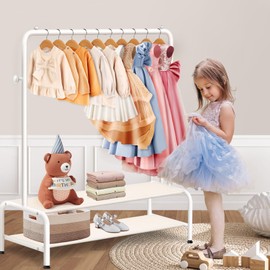 Kids Clothing Rack - Dress Up Clothes Rack - Baby Toddler Closet - Mini Freestanding Coat Racks with 2 Fabric Shelves - Small Kids Costume Wardrobe - Garment Rack for Hanging Clothes Organizer