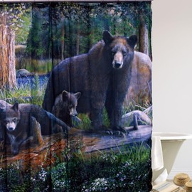 BestGiftEver Rustic Lodge-Themed Shower Curtain with Adorable Black Bear Mommy and Cubs Design