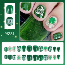 Four-leaf Clover Fake Nails,2025 St. Patrick's Day Four-leaf Clover False Nails,Glitter Green Press on Nails with Glue,Spring Short Green Fake Nails Glossy,Long Lasting Full Cover Tip for Women&Girls