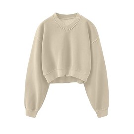 Meladyan Women's Casual Cropped Sweatshirt Basic Solid Long Sleeve Fleece V Neck Loose Drop Shoulder Pullover Crop Top Vintage, Apricot -V01, X-Large